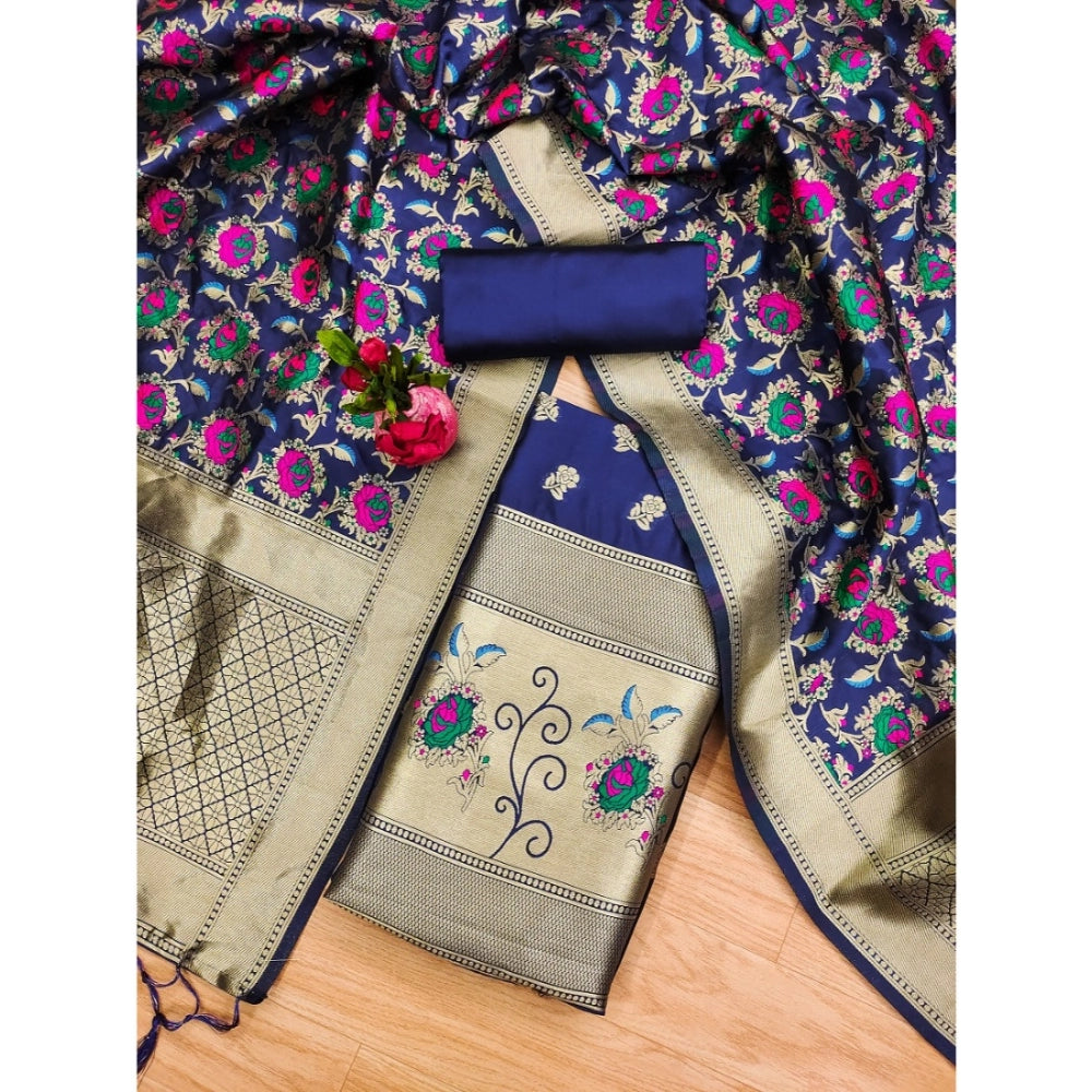Women's Banarasi Silk Printed Unstitched Salwar Suit Material — Navy Blue · blue