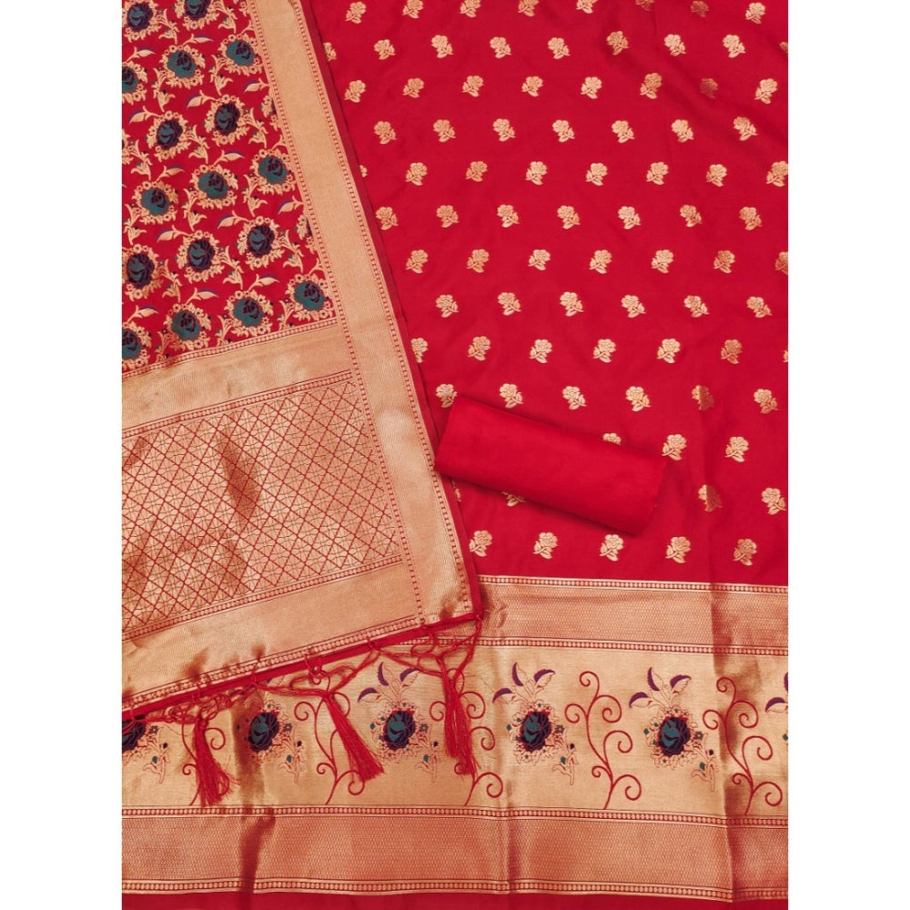 Women's Banarasi Silk Printed Unstitched Salwar Suit Material — Red · _Red