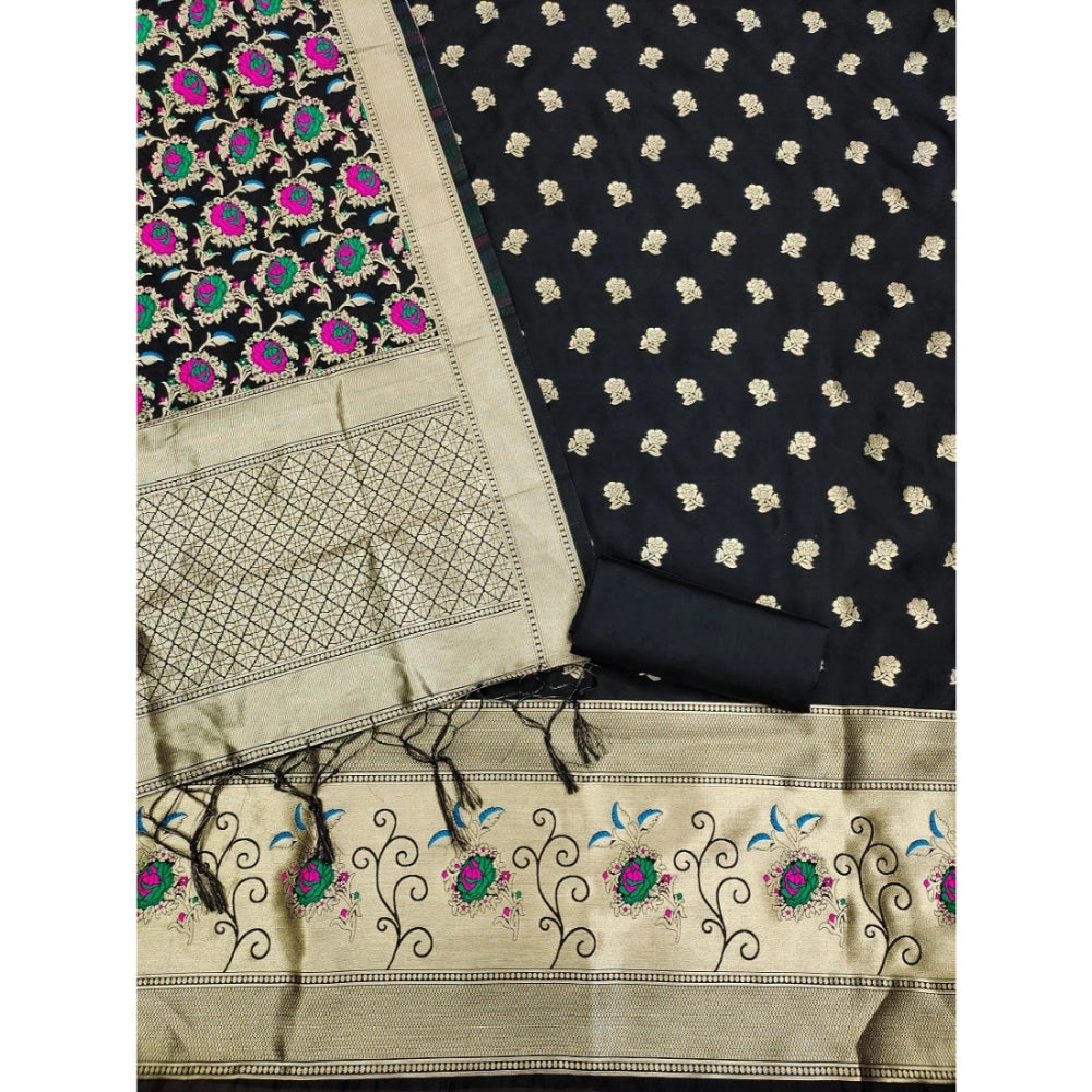 Women's Banarasi Silk Printed Unstitched Salwar Suit Material — Black · _Blk
