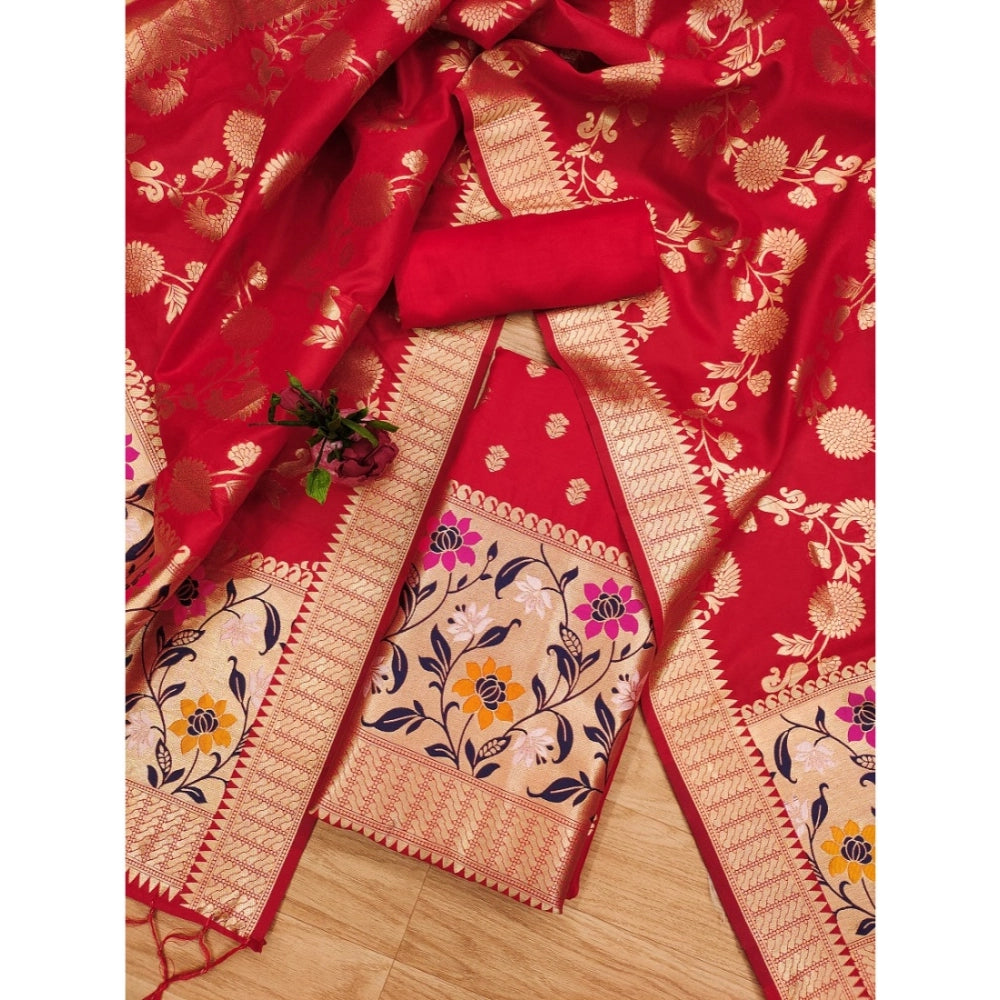 Women's Banarasi Silk Printed Unstitched Salwar Suit Material — Red · _Red