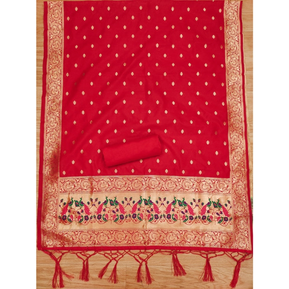 Women's Banarasi Silk Printed Unstitched Salwar Suit Material — Red · _Red