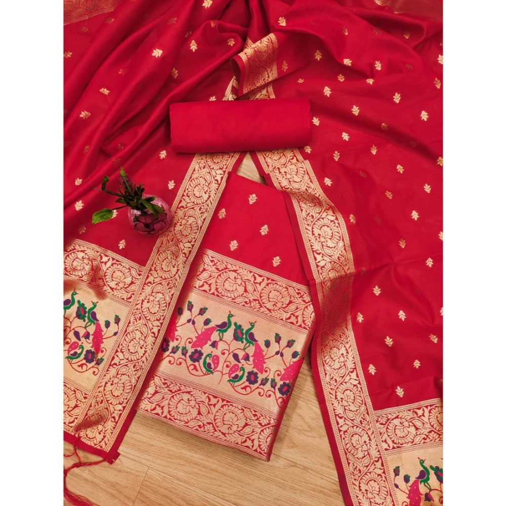Women's Banarasi Silk Printed Unstitched Salwar Suit Material — Red · _Red