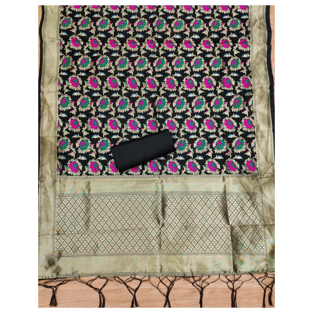 Women's Banarasi Silk Printed Unstitched Salwar Suit Material — Black · _Blk