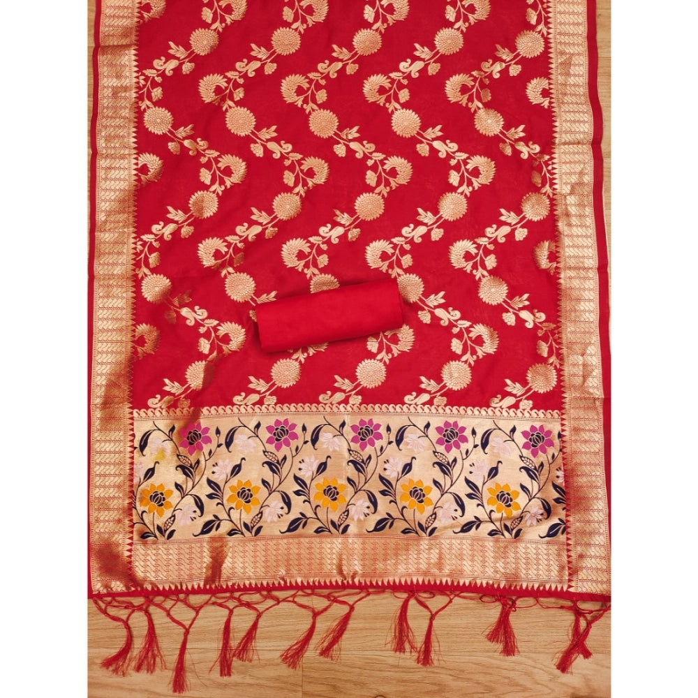 Women's Banarasi Silk Printed Unstitched Salwar Suit Material — Red · _Red