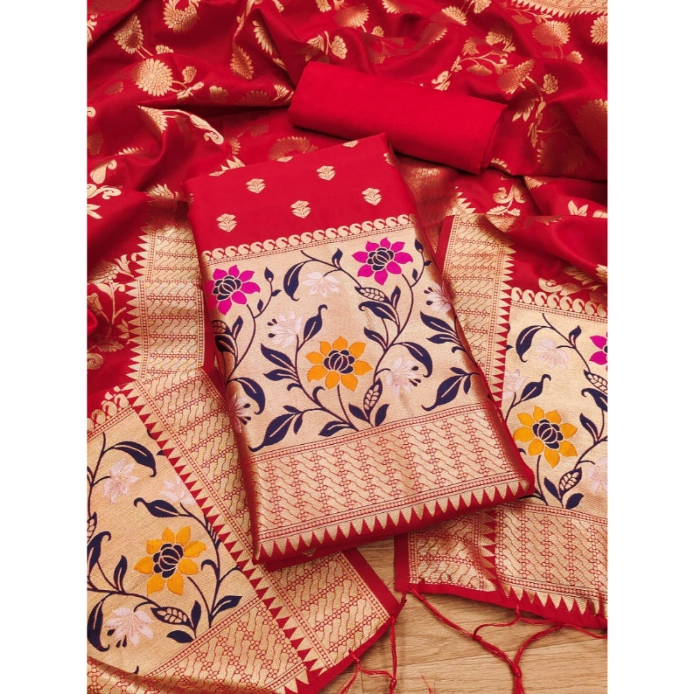 Women's Banarasi Silk Printed Unstitched Salwar Suit Material — Red · _Red