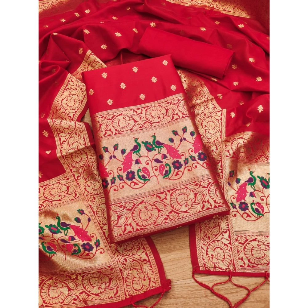 Women's Banarasi Silk Printed Unstitched Salwar Suit Material — Red · _Red