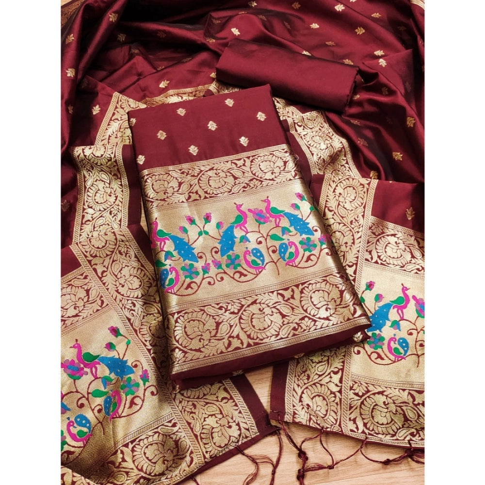 Women's Banarasi Silk Printed Unstitched Salwar Suit Material — Maroon · Mron
