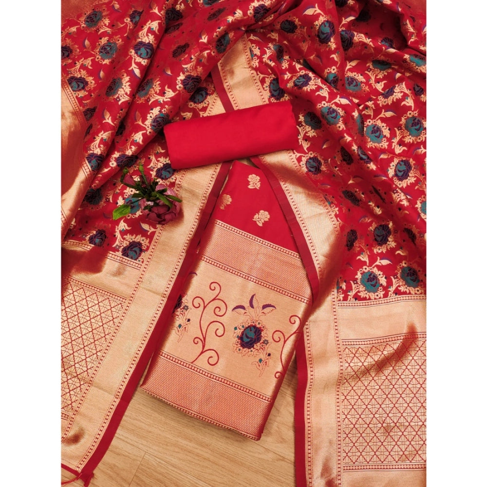 Women's Banarasi Silk Printed Unstitched Salwar Suit Material — Red · _Red