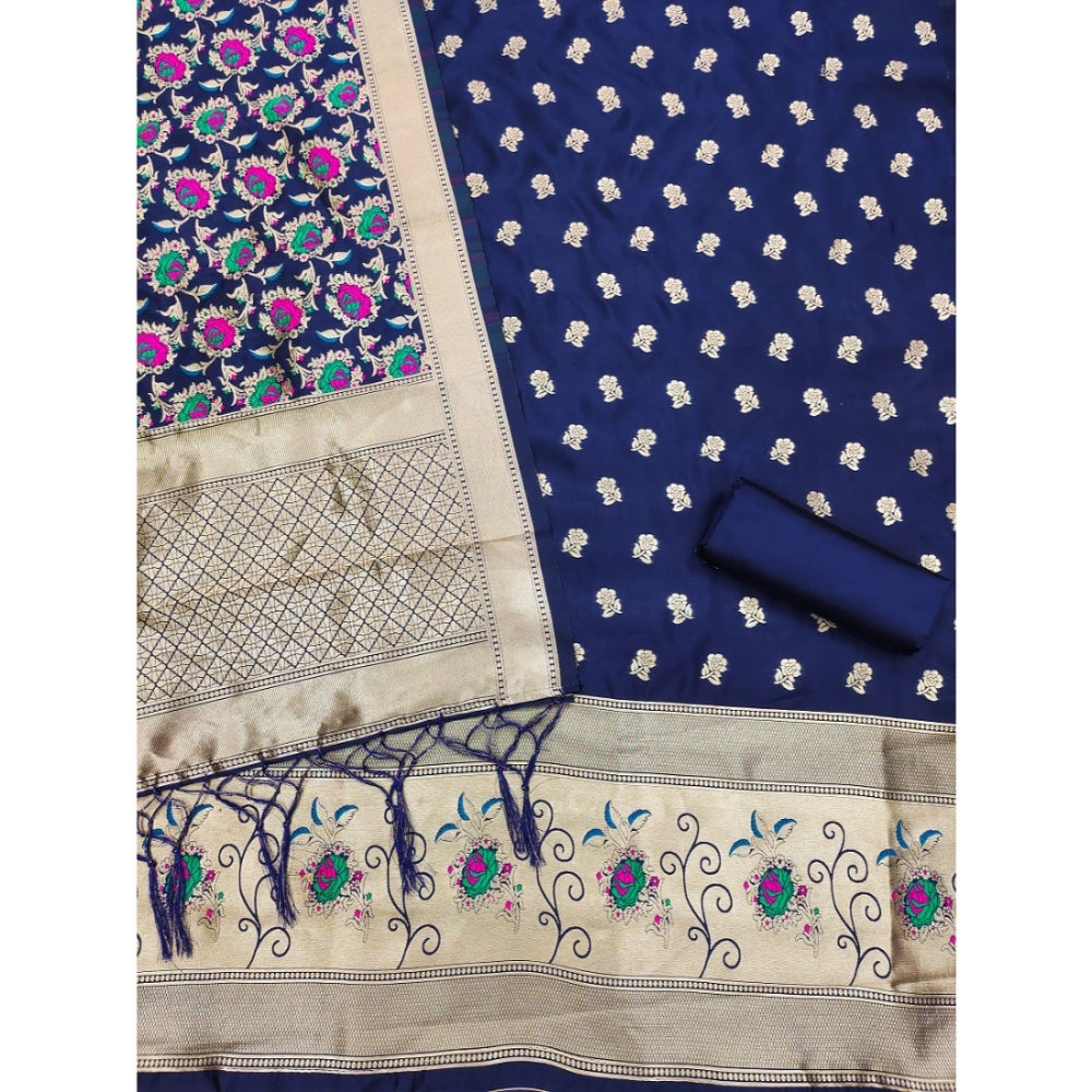 Women's Banarasi Silk Printed Unstitched Salwar Suit Material — Navy Blue · blue