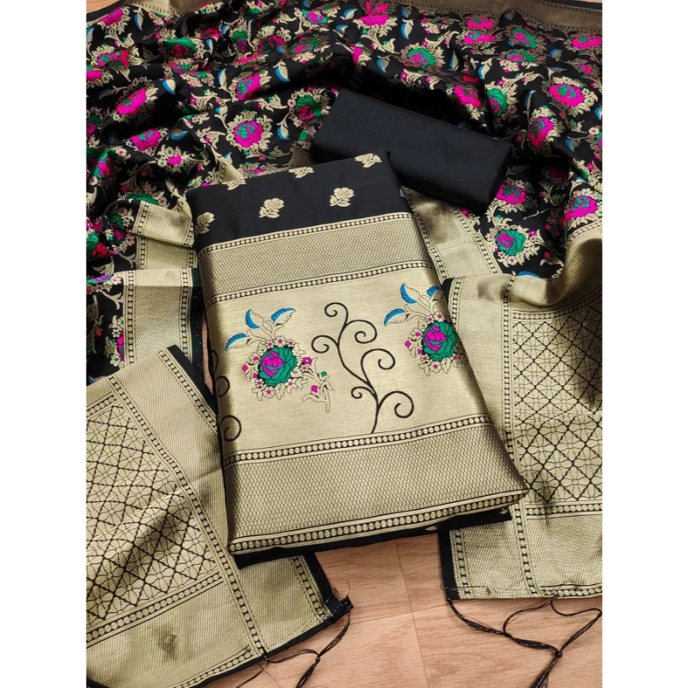 Women's Banarasi Silk Printed Unstitched Salwar Suit Material — Black · _Blk
