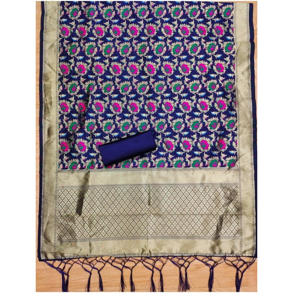 Women's Banarasi Silk Printed Unstitched Salwar Suit Material — Navy Blue · blue