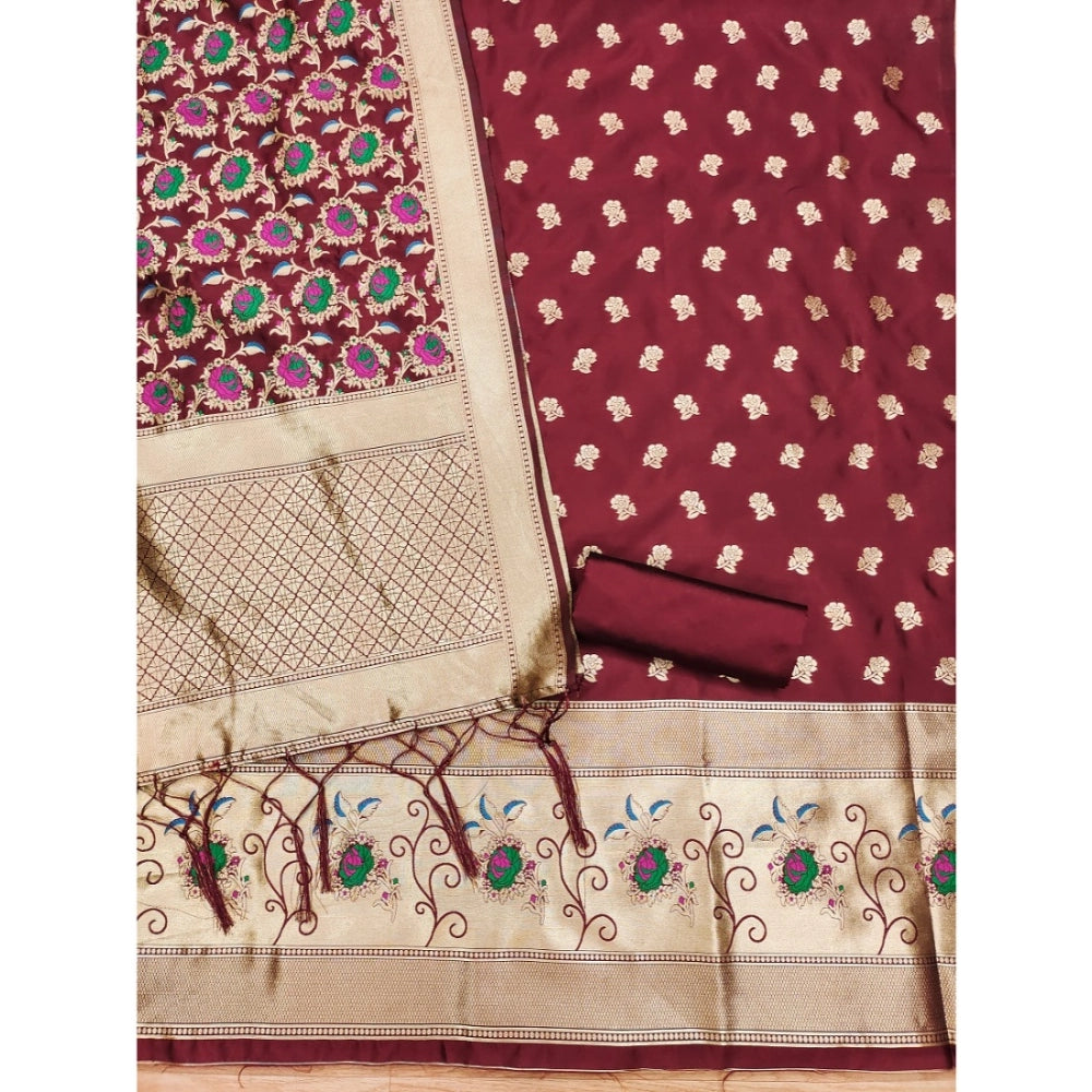 Women's Banarasi Silk Printed Unstitched Salwar Suit Material — Maroon · Mron
