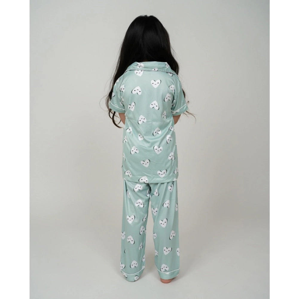 Girl's Silk Bleand Printed Short Sleeve Night Suit Set — Light Green