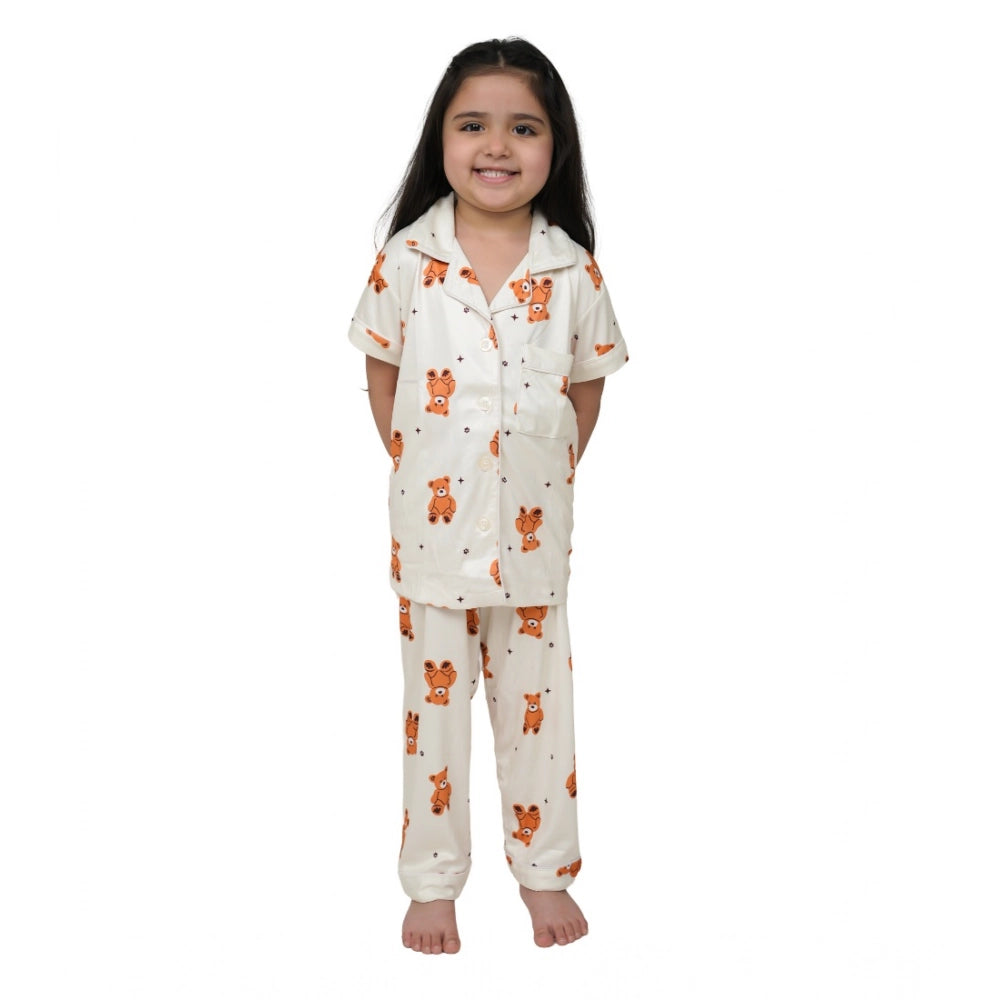 Girl's Silk Bleand Printed Short Sleeve Night Suit Set — White