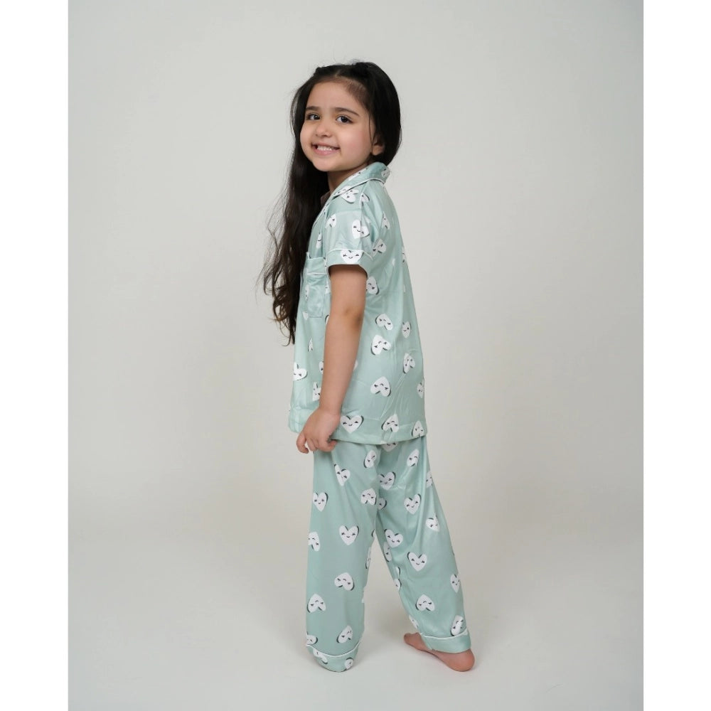 Girl's Silk Bleand Printed Short Sleeve Night Suit Set — Light Green