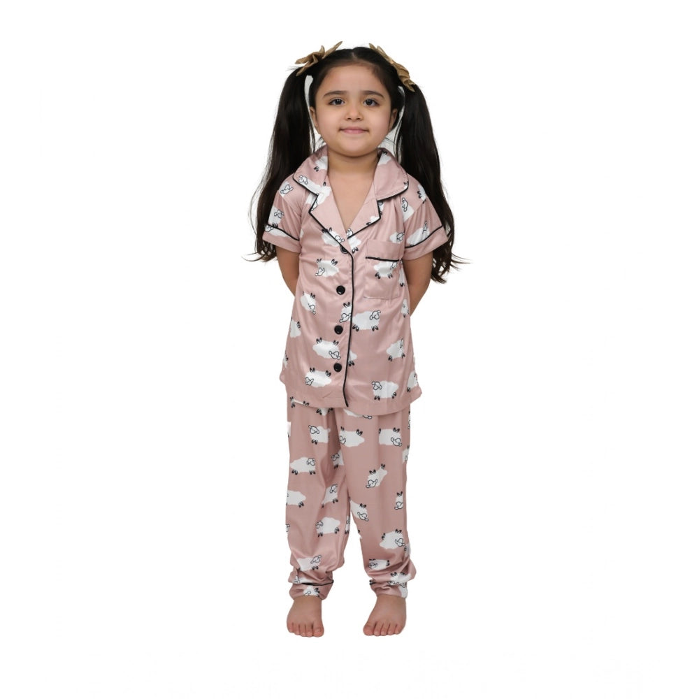 Girl's Silk Bleand Printed Short Sleeve Night Suit Set — Brown