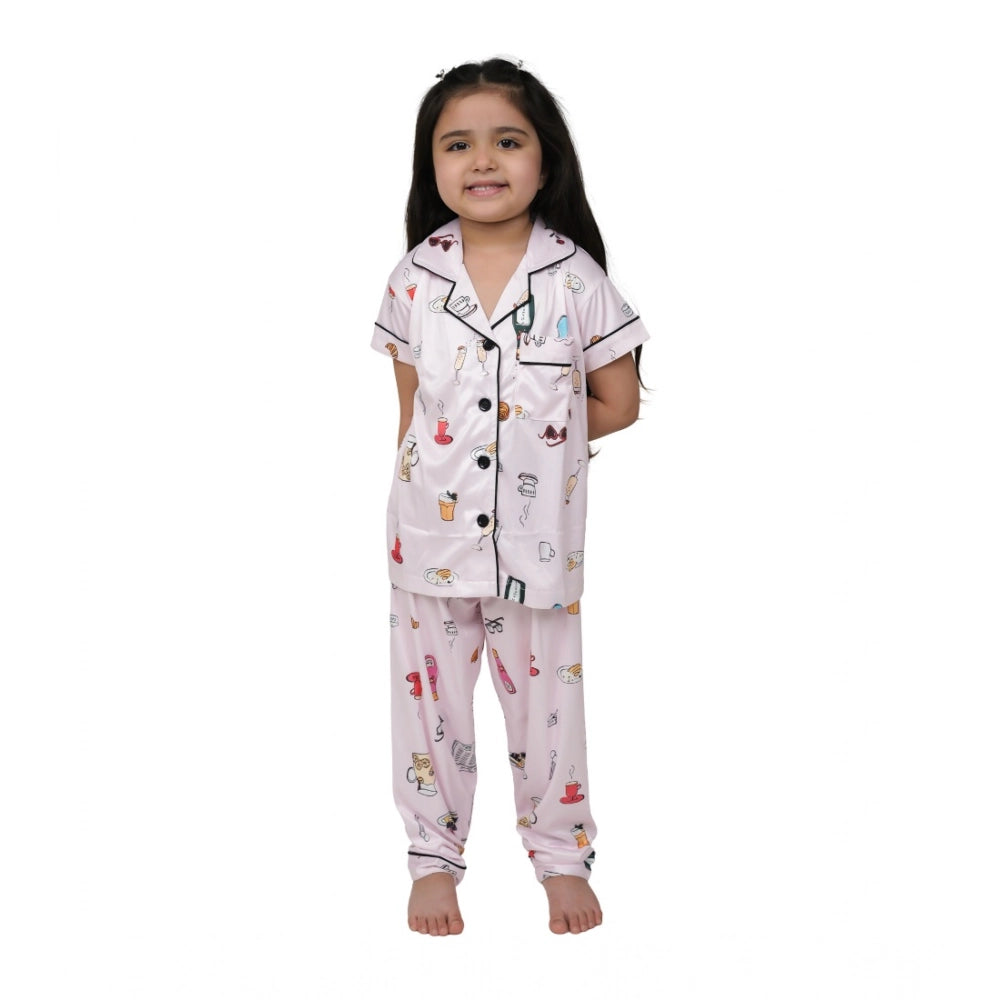 Girl's Silk Bleand Printed Short Sleeve Night Suit Set — Creem