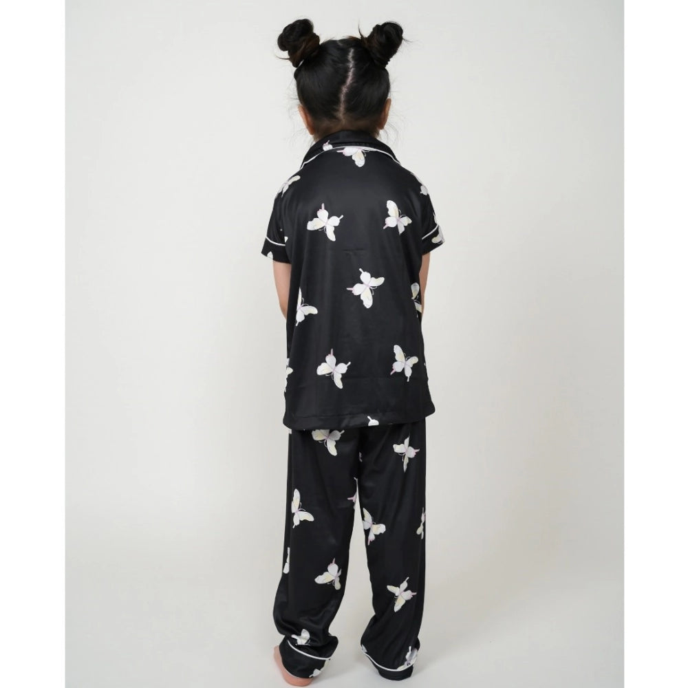 Girl's Silk Bleand Printed Short Sleeve Night Suit Set — Black