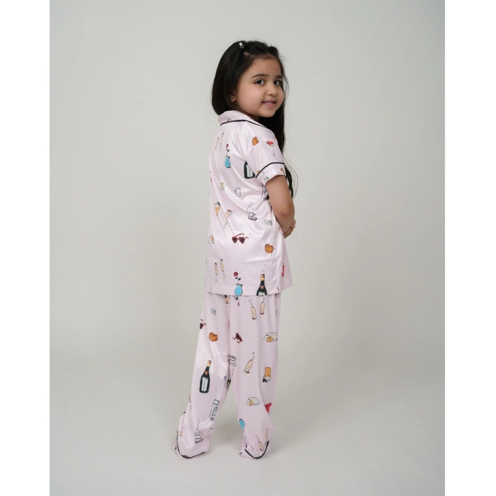 Girl's Silk Bleand Printed Short Sleeve Night Suit Set — Creem