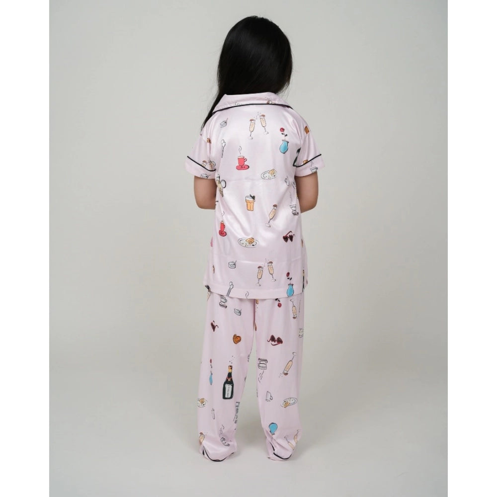 Girl's Silk Bleand Printed Short Sleeve Night Suit Set — Creem