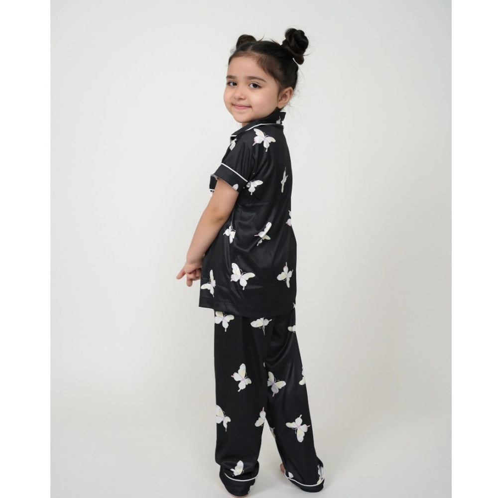 Girl's Silk Bleand Printed Short Sleeve Night Suit Set — Black