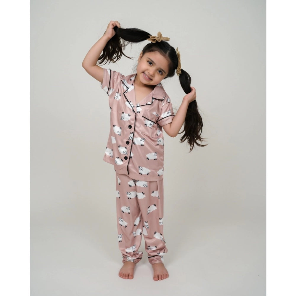 Girl's Silk Bleand Printed Short Sleeve Night Suit Set — Brown