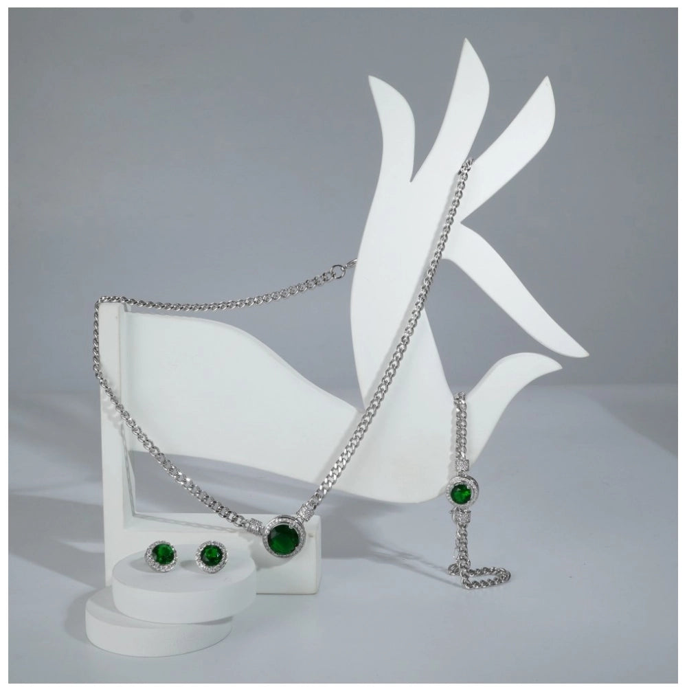 Women's Stainless Steel Green Color Silver Chain Western Combo — Silver Plated