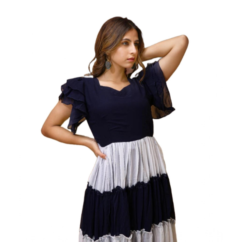 Women's Georgette Solid Half Sleeve Gown — Blue-White