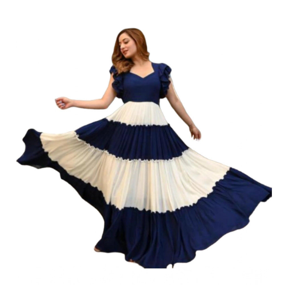 Women's Georgette Solid Half Sleeve Gown — Blue-White
