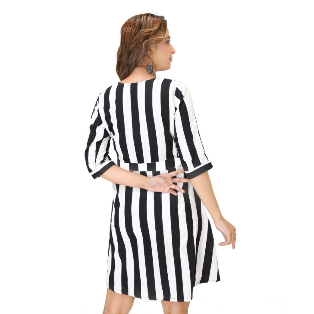 Women's Crep Striped Short Sleeve Dress — Black-White