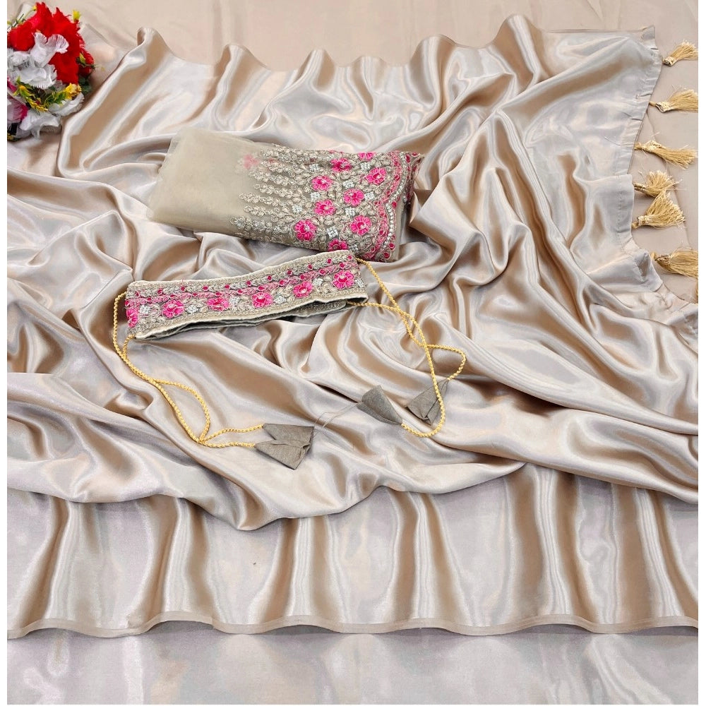 Women's Satin Solid Saree — Beige