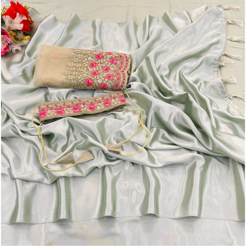 Women's Satin Solid Saree — Offwhite