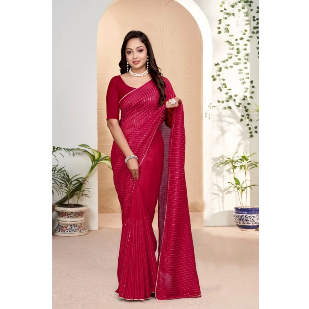 Women's Vichitra Silk Striped Saree — Pink