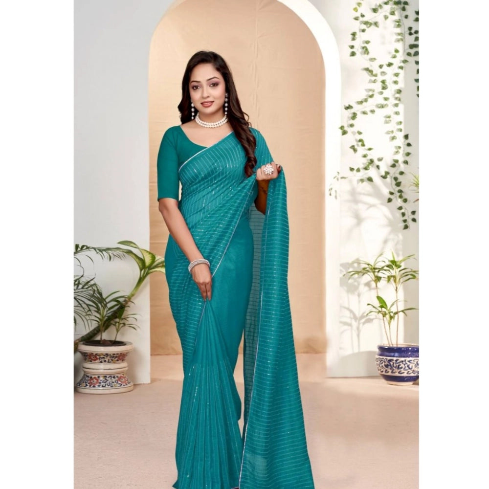 Women's Vichitra Silk Striped Saree — Sky Blue