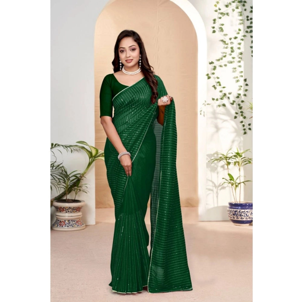 Women's Vichitra Silk Striped Saree — Green