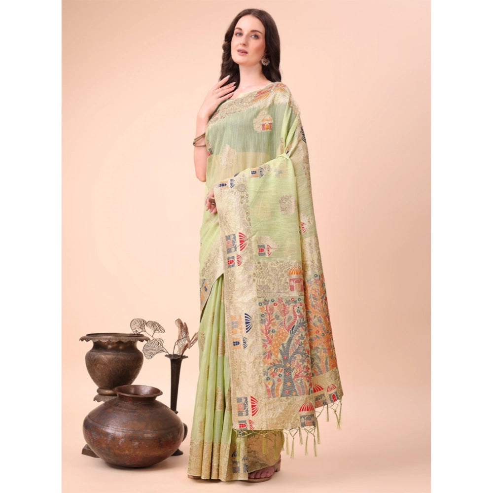 Women's Linen Cotton Printed Saree — Light Green · 1003