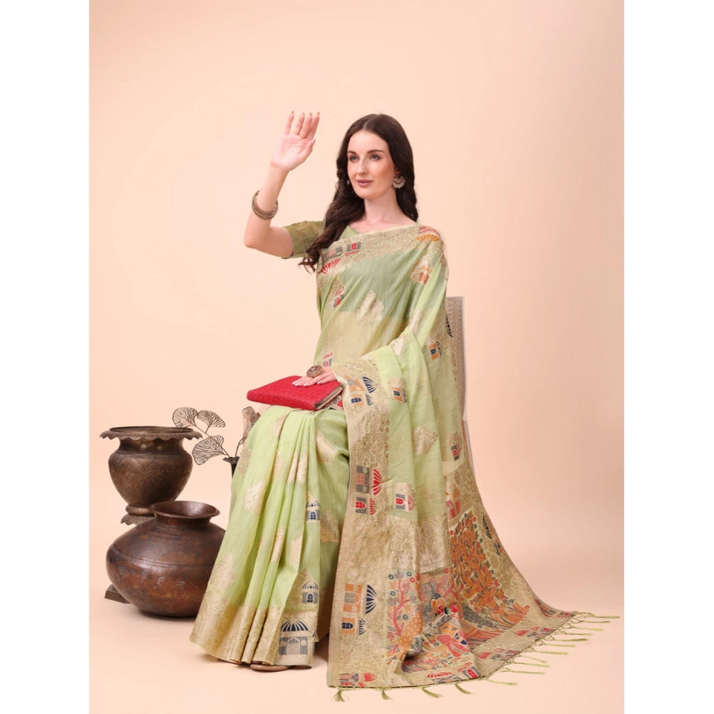 Women's Linen Cotton Printed Saree — Light Green · 1003