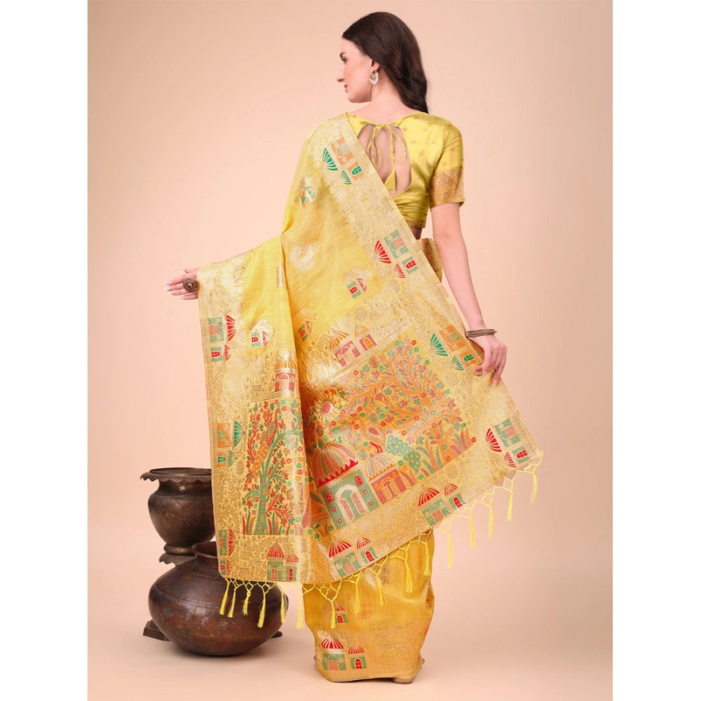 Women's Linen Cotton Printed Saree — Yellow · 1001