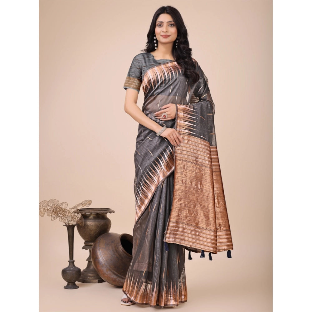 Women's Linen Cotton Printed Saree — Grey · 1001