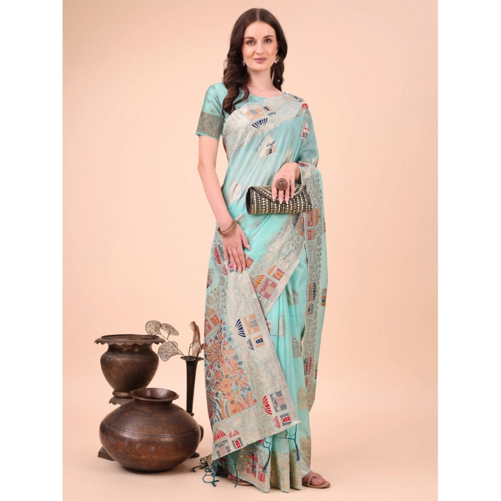 Women's Linen Cotton Printed Saree — Sky Blue · 1004