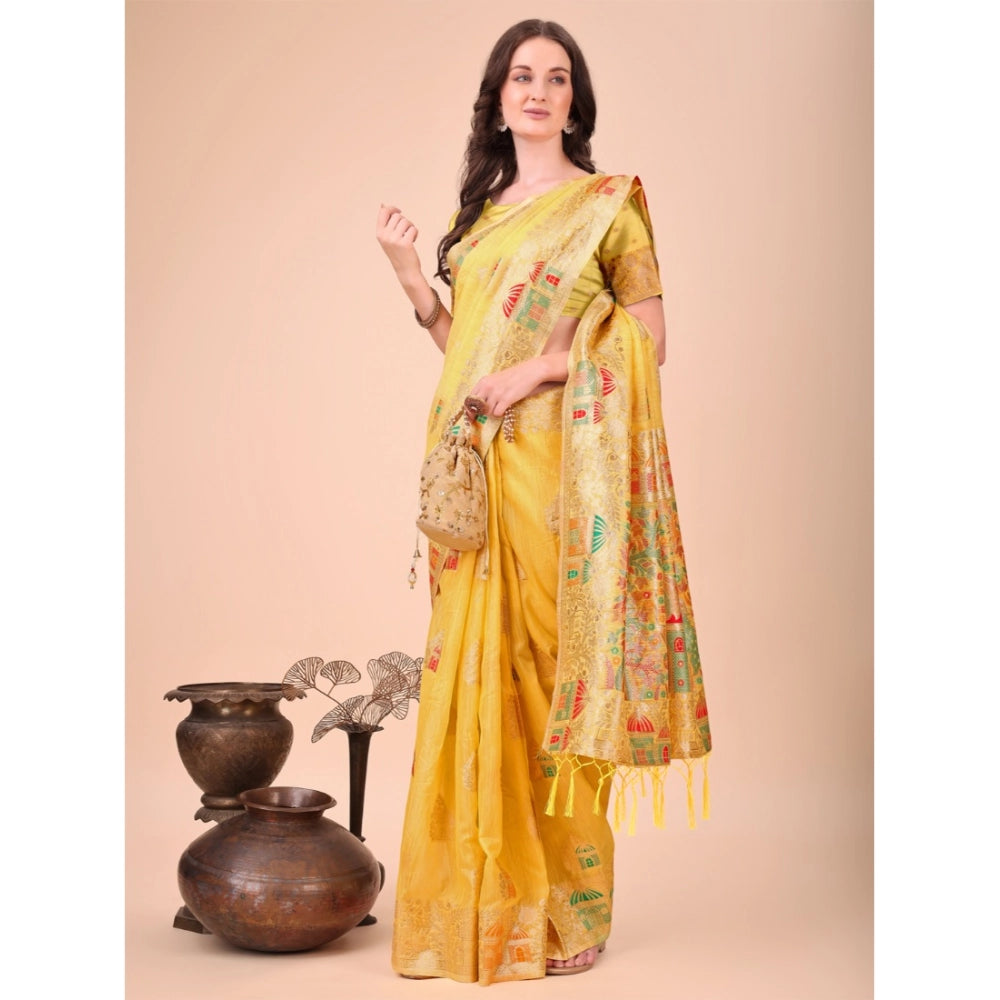 Women's Linen Cotton Printed Saree — Yellow · 1001