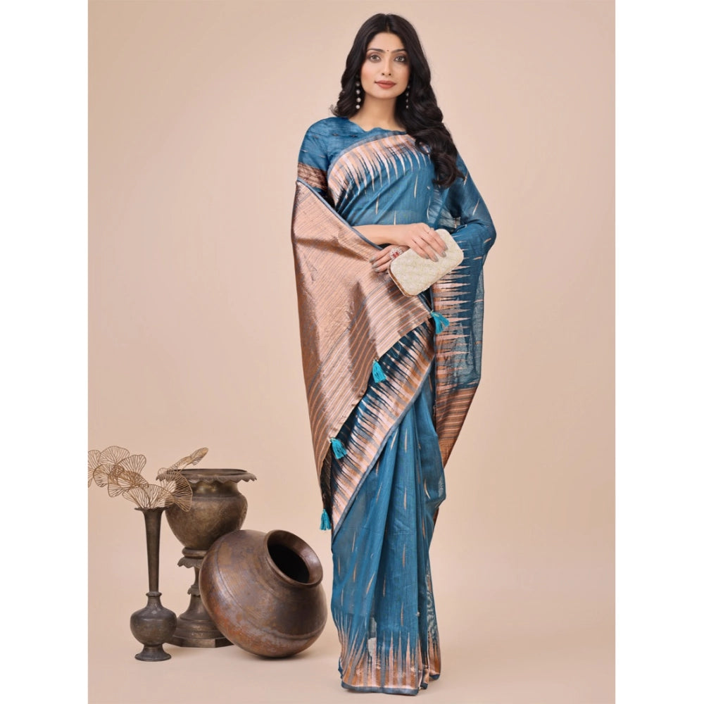Women's Linen Cotton Printed Saree — Blue · 1002