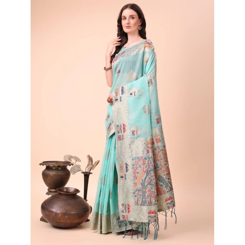 Women's Linen Cotton Printed Saree — Sky Blue · 1004