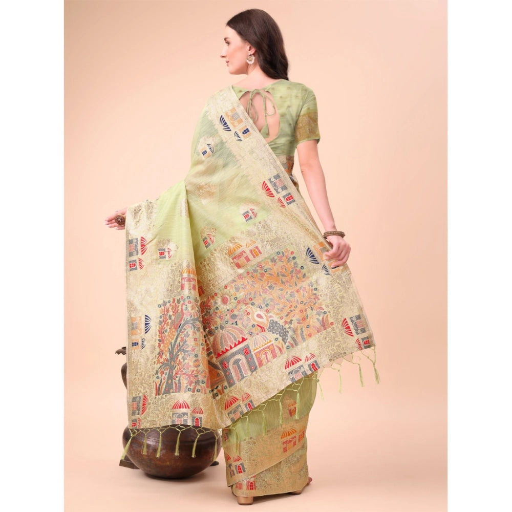 Women's Linen Cotton Printed Saree — Light Green · 1003