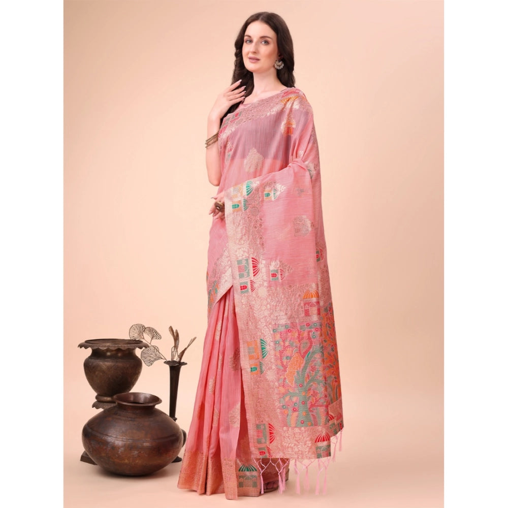 Women's Linen Cotton Printed Saree — Pink · 1002