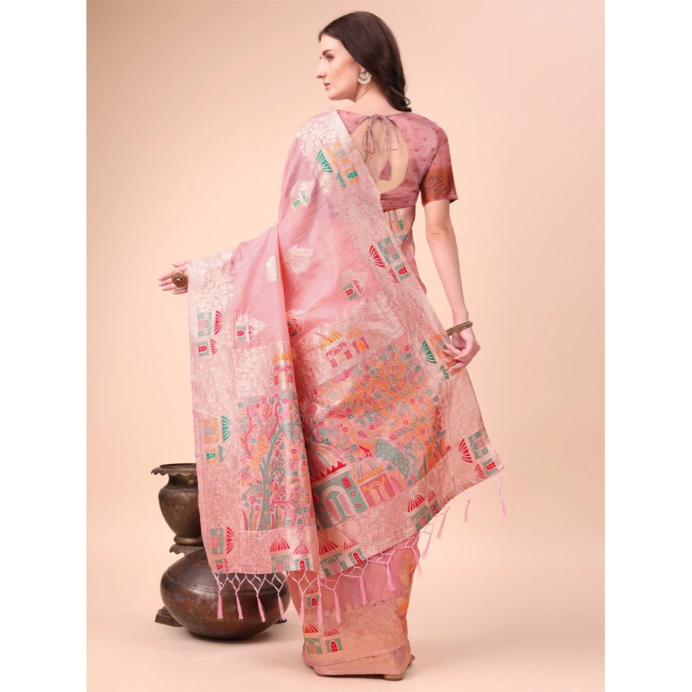 Women's Linen Cotton Printed Saree — Pink · 1002
