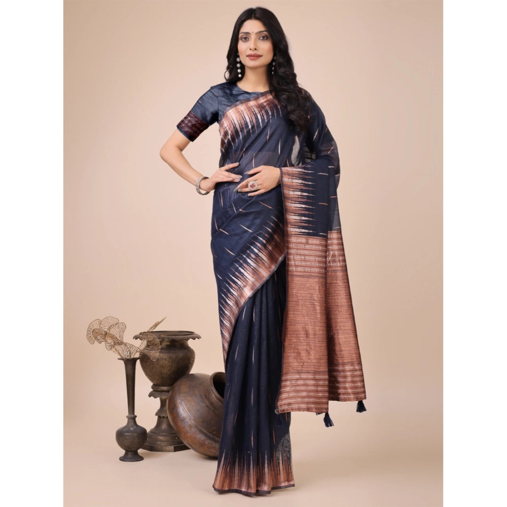 Women's Linen Cotton Printed Saree — Navy Blue · 1004