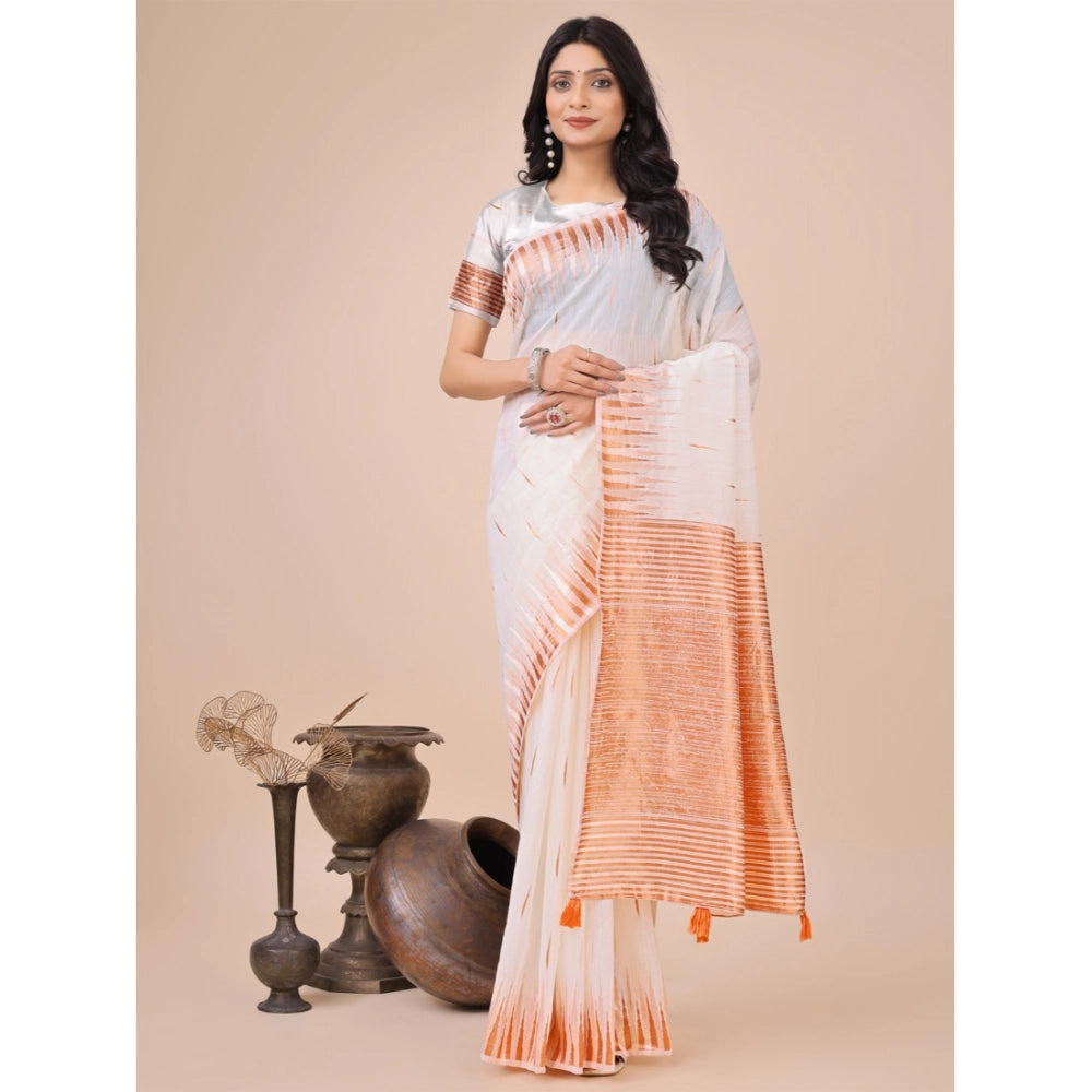 Women's Linen Cotton Printed Saree — White · 1003