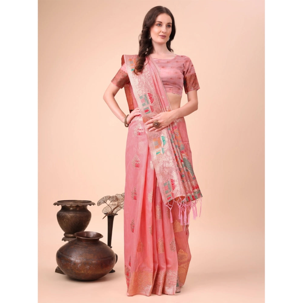 Women's Linen Cotton Printed Saree — Pink · 1002