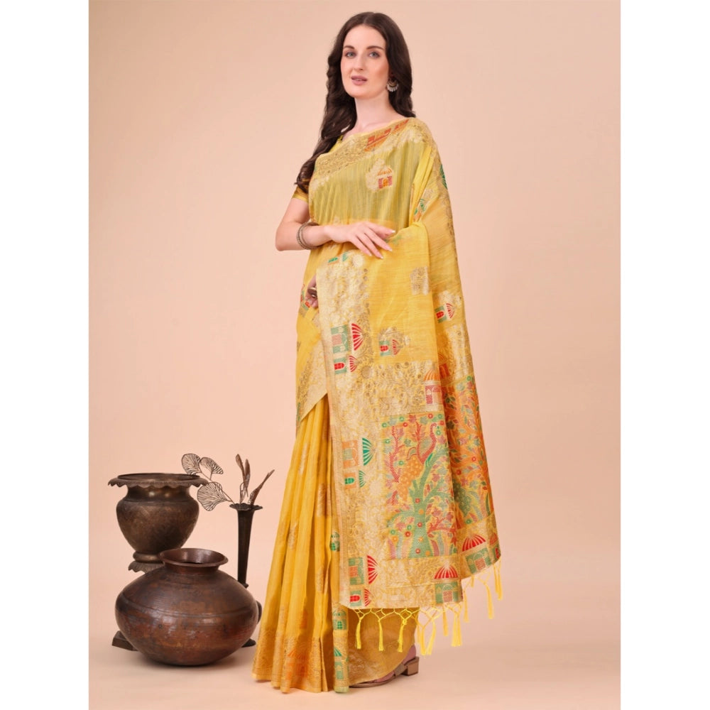 Women's Linen Cotton Printed Saree — Yellow · 1001